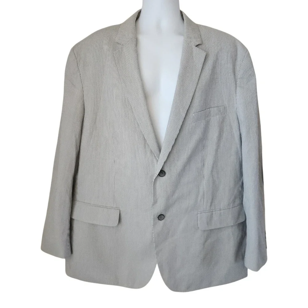 Tasso Elba Seersucker Elbow Patches Blazer Jacket Sz XXL 50-52 White Blue Stripe